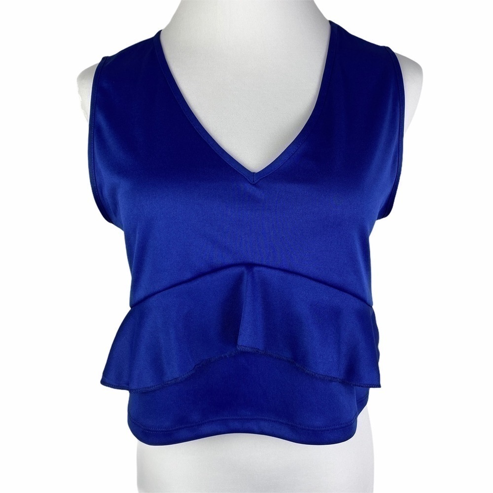 Rio of Stars Cropped V-Neck Ruffle Blouse Women's Large Blue Sleeveless‎
